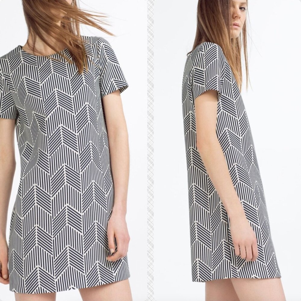 ZARA Black & White Geometric Print Mini Shift Dress – Women’s Size XL
